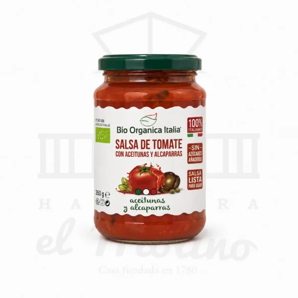 Salsa de tomate con aceitunas y alcaparras ecológica