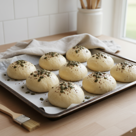 Panecillos decorados y reposando en una bandeja de horno